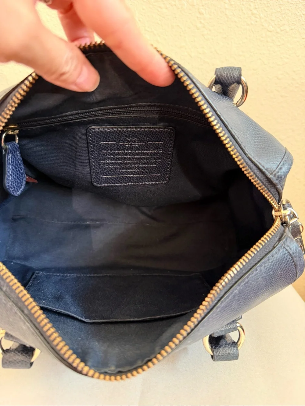 Coach Navy Blue Small Satchel Detachable Crossbody Strap Textured Leather